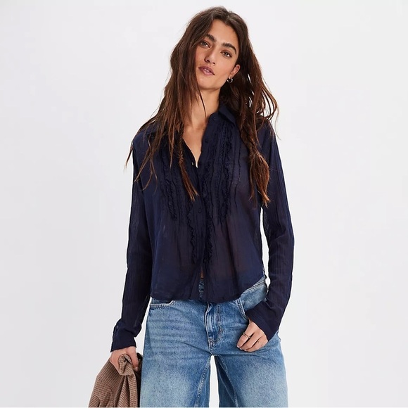 Free People Tops - New Free People navy blue Drew Tuxedo Shirt size XS